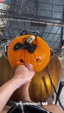 Horny Gemma Chan uses her big dick on submissive Halloween pumpkin!